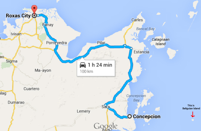 On 10th July, I took a van ride together with my friends from Humanity First Canada from Roxas City for 2 hours, heading to Concepcion, from there we then took a boat ride for another 1 hour to this miracle remote island called Baliguian Island. Note: red arrow marks the spot to where we headed. 